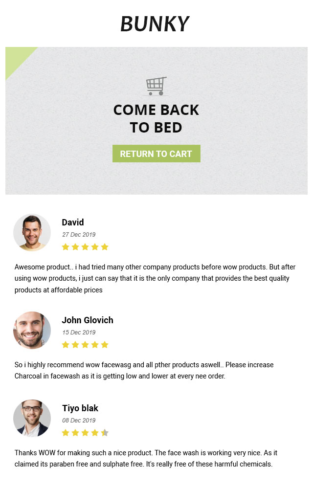 abandoned cart email template showcasing user reviews