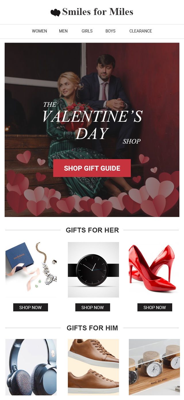 valentine's day email with gift guide attached