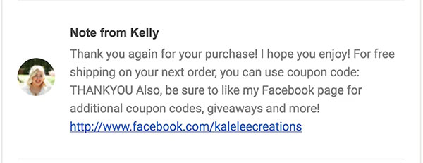 Kalelee Creations' coupon code trigger email