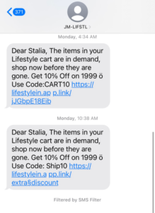 Example of Abandoned Cart SMS