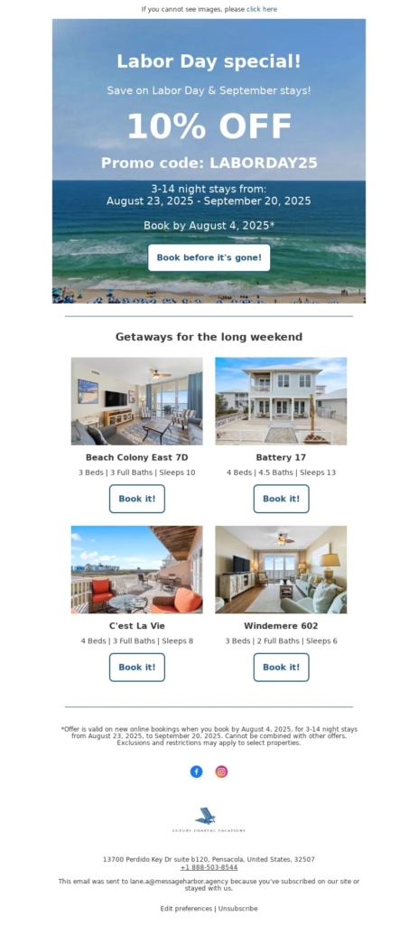 Luxury Coastal Vacations-Labor Day Email Template