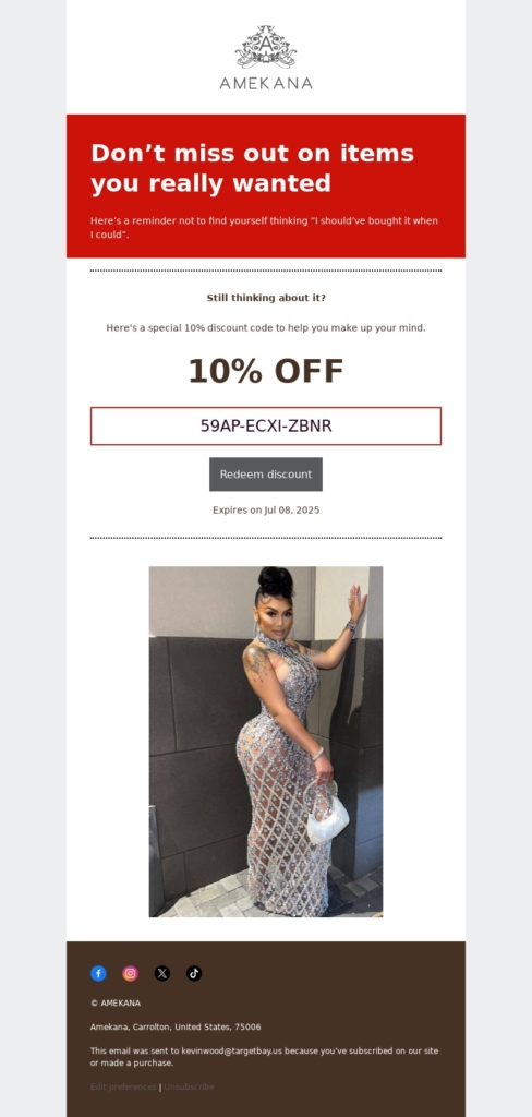 amekana abandoned cart email examples