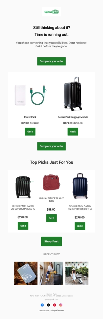 genius pack-abandoned cart email examples