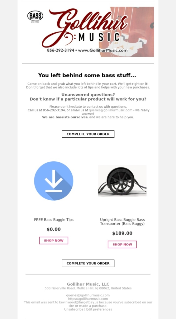 Gollihur Music-abandoned cart email examples