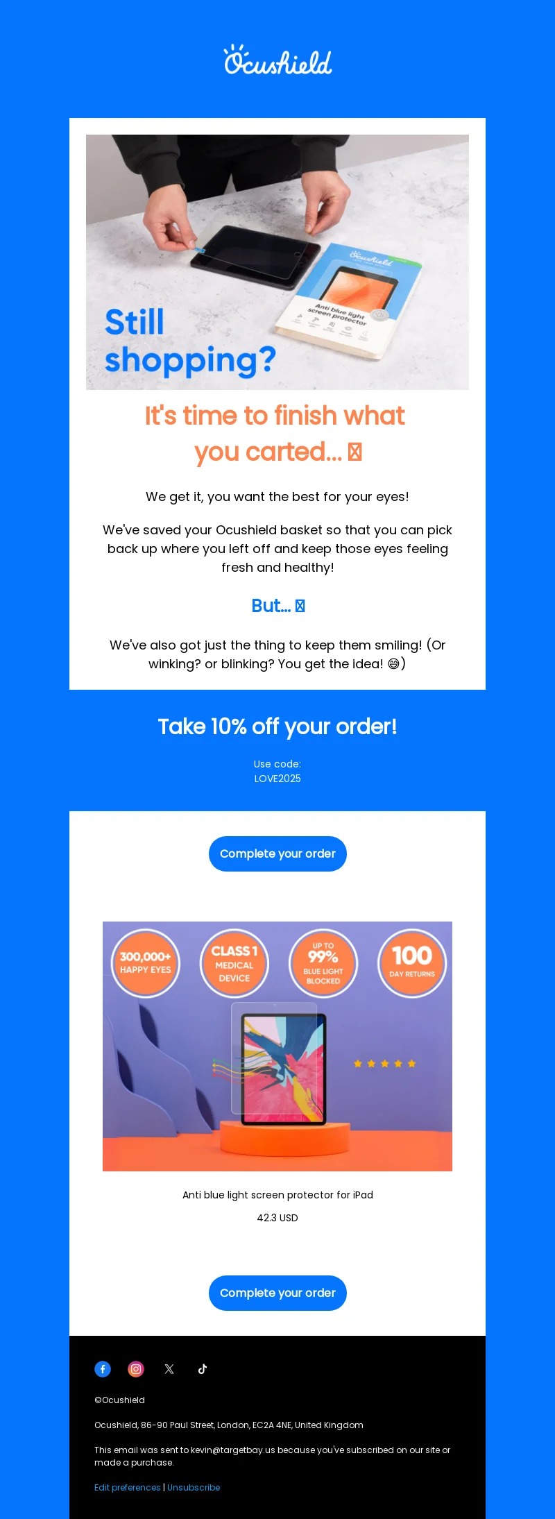 ocushield-abandoned cart email examples