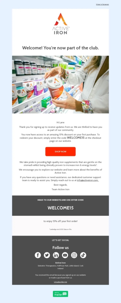 active iron-welcome email template