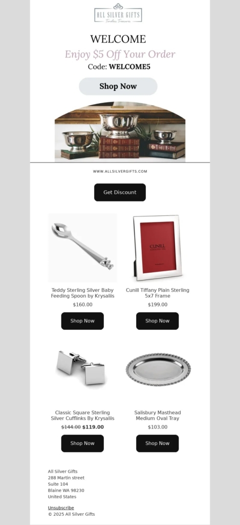 all silver gifts-welcome email template