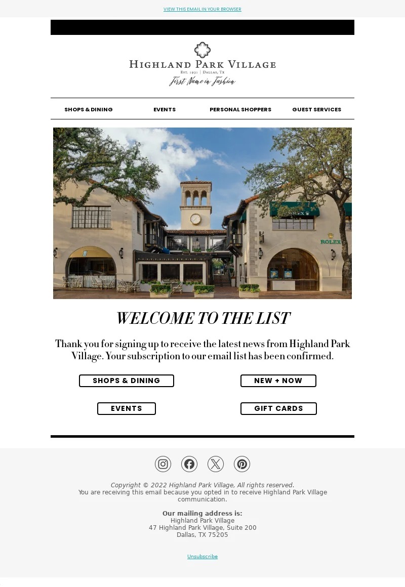 highland park village-welcome email template