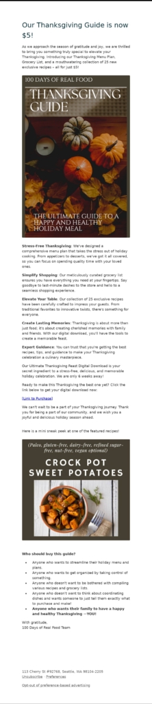 100 days of real food thanksgiving email template