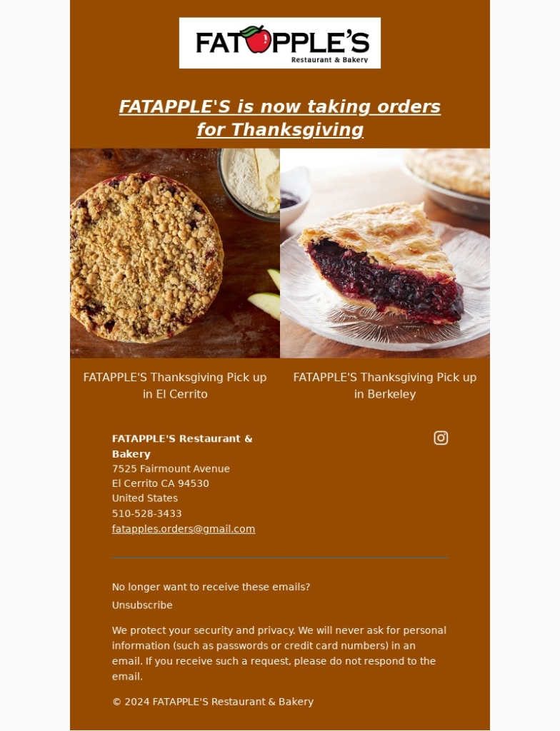 fatapples restaurant and bakery thanksgiving email template
