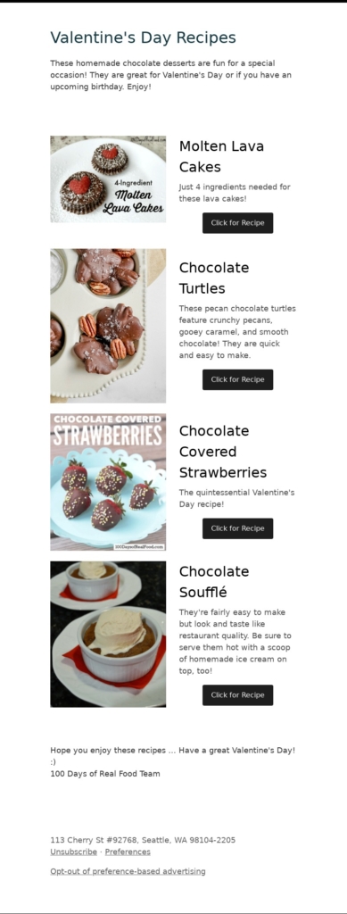 100 days of real food-valentines day email template