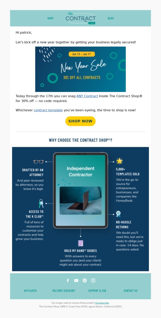the contract shop-new year email template